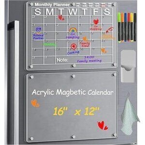 2 Pcs Acrylic Magnetic Fridge Calendar Week & Month w/ Dry Erase Markers/Holder